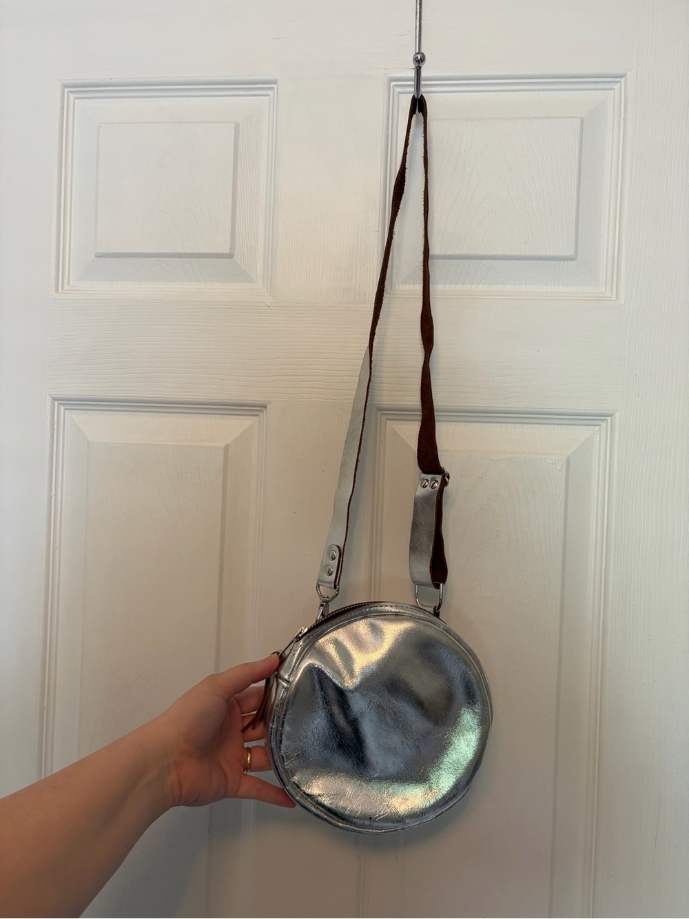 Metallic Silver Round Crossbody Bag with Adjustable Strap